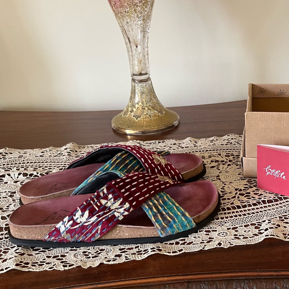 Free People wildflower crossband sandals. In color patched velvet.